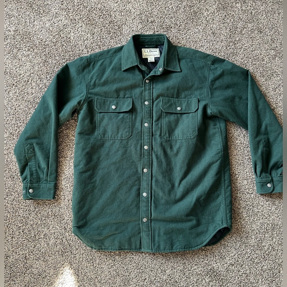 VTG L.L. Bean Jacket Shacket Mens Large Green Insulated Chamois Metal Buttons